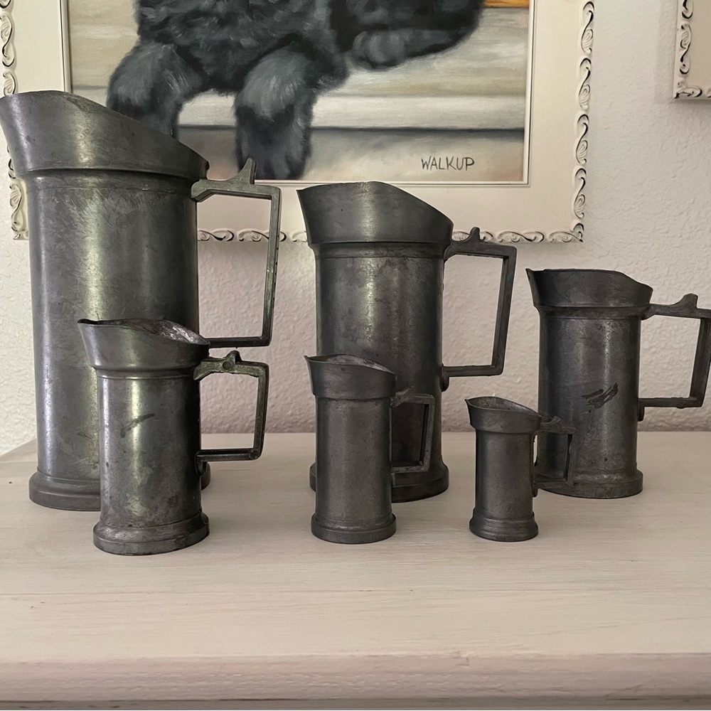COPY - Antique 1900s Dutch Pewter Measuring Cups w/ Handles, Lot 6 Metric System